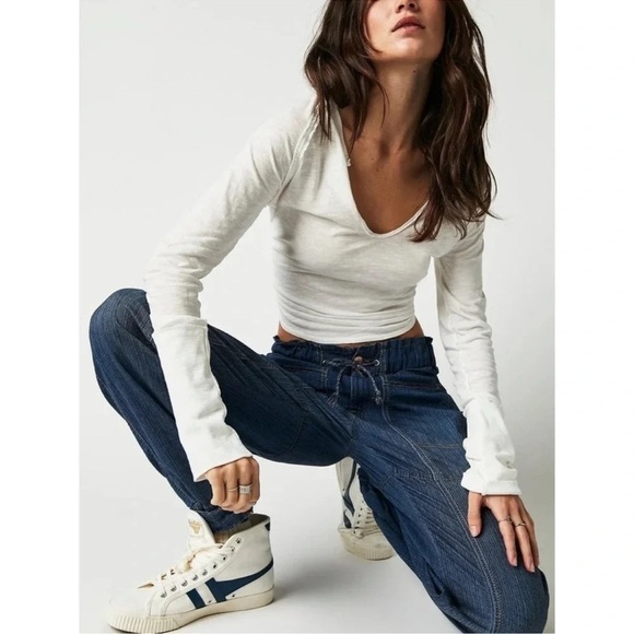 New Free People Angelo Denim Pull On Jeans Pants Drawstring Slouchy We The Free - Picture 5 of 14